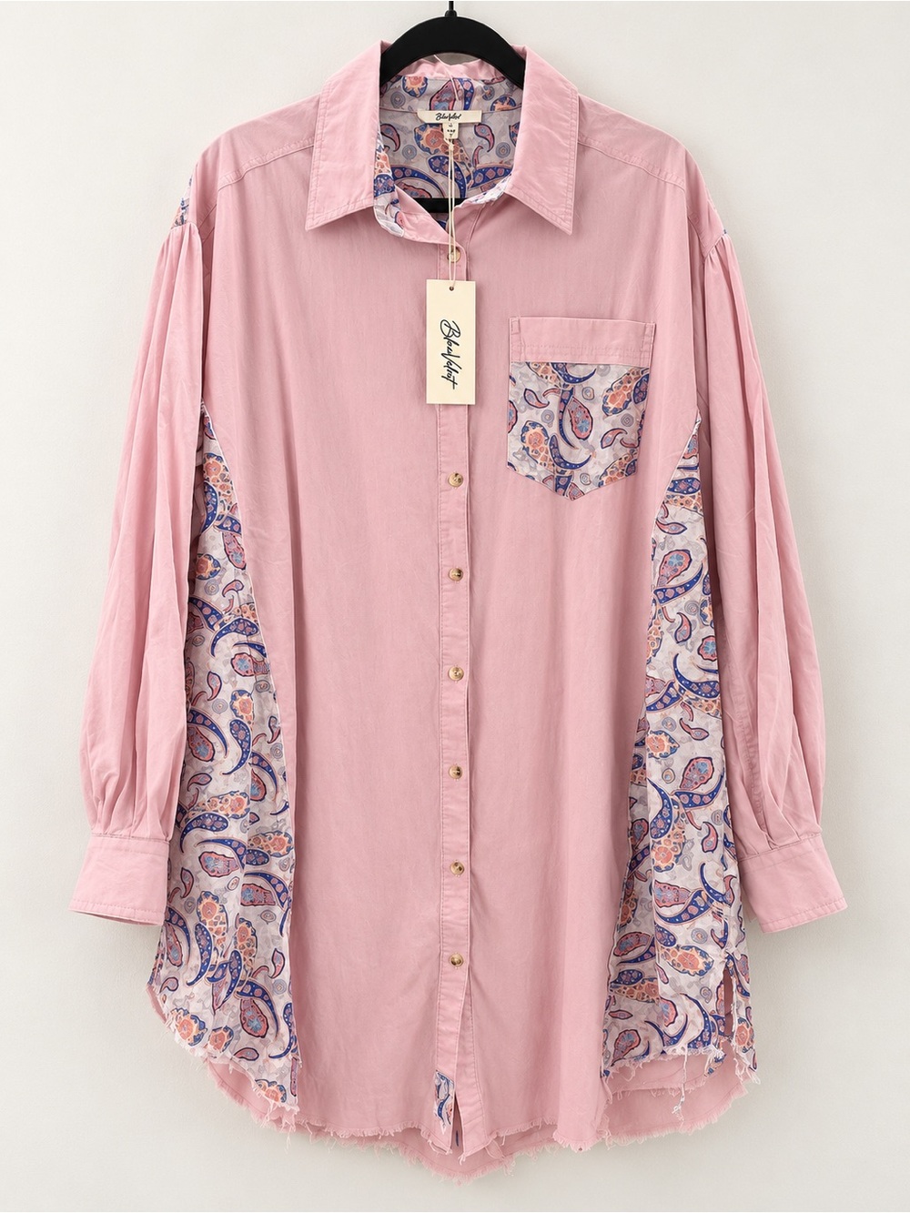 Relaxed Pink Tunic Shirt with Paisley Trim - Bhldn